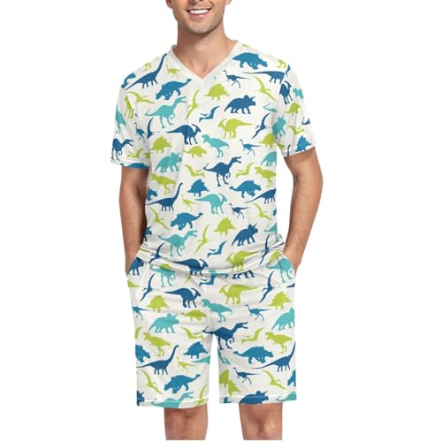 Men's Pajama Set Summer Short Sleeve Dinosaurs Loungewear 2 Piece Sleepwear Set with Pockets