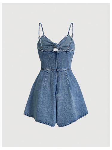 OYOANGLE Women's Vintage Bowknot Spaghetti Strap Denim Romper Sleeveless Wide Leg Jean Short Jumpsuits2