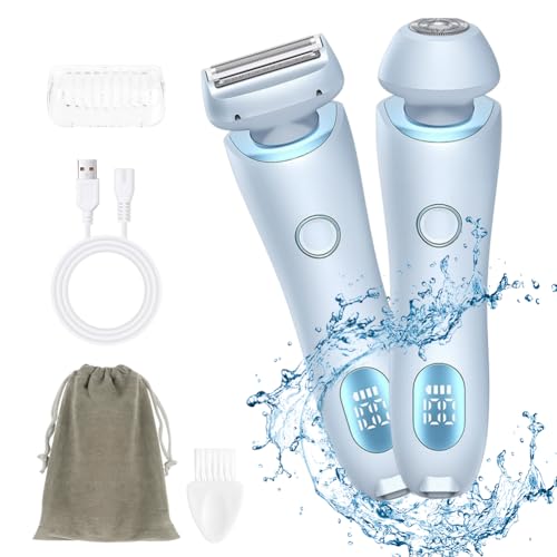 AOGOE Afeitadora Eléctrica para Mujer, 2 in 1 USB Recargable Eléctrico Depiladora sin Dolor, Recortadora Femenina Electrica IPX7 Impermeable, Rasuradora Mujer para Cara, Axila, Pierna, Bikini (Azul)
