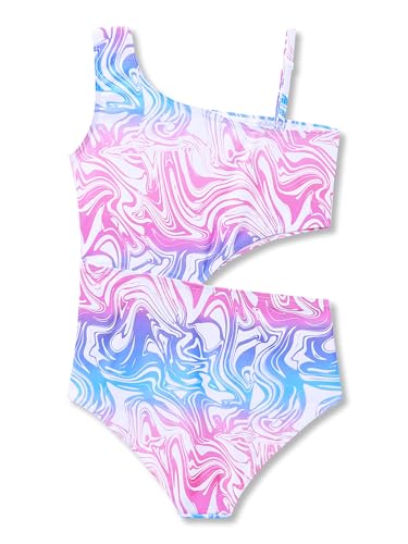 Image of Dvenki Big Girls Asymmetric Cutout Swimsuit Adjustable Straps Sizes 6X-16 | color block, leopard, tropical prints, front lined swimwear, removable pads, suitable for beach, vacation, pool play
