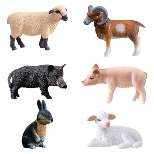 FineInno 6Pcs Mini Farm Animal Figurines Include 3D Rabbit Pig Sheep Lamb Wild Boar Antelope Plastic Realistic Statue Cake Topper Model Home Decor
