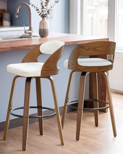 Image of AQG Swivel Bar stools Set of 2 Bar Chairs 26 inch Counter Height Mid-Century Modern Bentwood Barstool PU Leather Upholstered Bar Chair with Back and Footrest, for Bar, Cafe, Dining, Kitchen Island, White