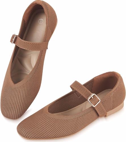 Knit Flats for Women Square Toe Ballet Flats with Strap, Washable Women Dressy Ballet Mary Jane Shoes for Work Office Casual Knit Slip On Shoes Low Heel