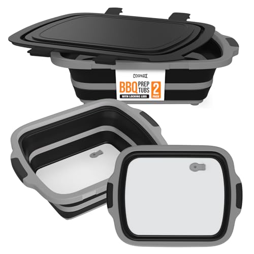 2-Pack XL Collapsible BBQ Prep Tub with Built-In Cutting Board, Lid & Strainer – Marinate, Drain & Prep – Large Food-Safe Container – Perfect for Grilling, Smoking & Outdoor Cooking (Black)