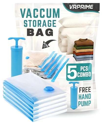 Image of VRPRIME 5Pc Vacuum Bags for Clothes with Pump | Travel & Smart Space Saver Strorage Vaccum Bag | Airtight, Reusable Compression Bags with Double-Zip Seal (Transparent) (5PC SET (PACK OF 1))