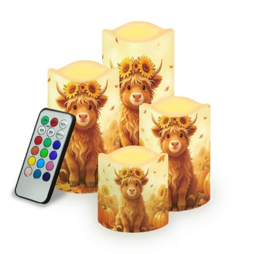 Image of Fall Highland Cow Flameless Candles Set of 4 with Remote Control | Thanksgiving Day LED Flameless Candle Set with Timer, Battery Operated Fake Candles for Kitchen Room, host gift