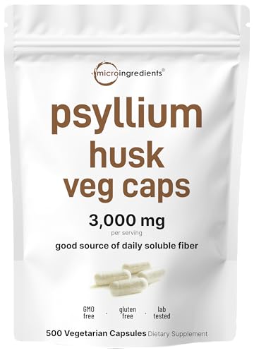 Micro Ingredients Psyllium Husk Capsules 3000mg, 500 Veg Caps | Soluble Fiber Supplement for Women & Men | Natural Prebiotics & Probiotics Fiber Supplements for Gut & Digestive Health | Non-GMO