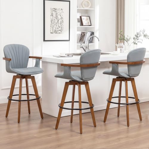 Image of LUNLING 26 inch Counter Height Stools,Mid Century Modern Bar Stools,Blue PU Leather Kitchen Island Stool,Wood High Barstools Swivel with Back and Arms for Home Bar Furniture,1PCS