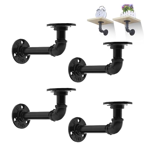 MLOQI 4 Pack Industrial Pipe Shelf Brackets, Black Wall Bracket for Shelves with Screws (Black 7 Inches), 7 inches 4 Pack