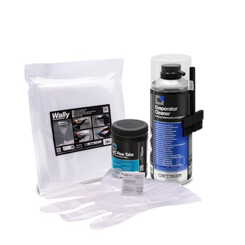 ERRECOM Kit de limpieza aire acondicionado, incluye limpiador Evaporator Cleaner PRO con cepillo de cerdas duras, funda protectora Wally, A/C Flow Tabs, 40 pastillas para limpieza del desagüe, guantes
