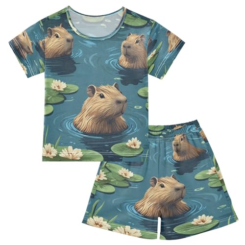 Pajama Sets Short Sleeve Cute Swimming Capybara Pattern Soft Cotton Summer Sleepwear 2 Piece PJS Size 5-14T