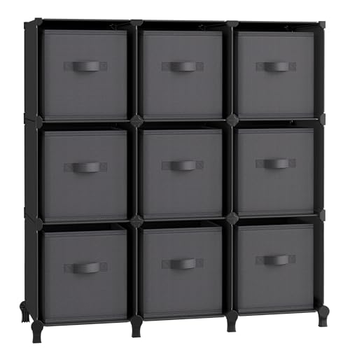 SONGMICS Meuble de Rangement avec Boîtes, Meuble à 9 Cases pour Vêtements, Étagères en Tissu Non-tissés, Personnalisable, Extensible, Gain de Place, Chambre, Noir...