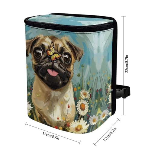 Image of Talayituse Pug Dog Daisy Butterfly Print Car Trash Can with Adjustable Straps, Foldable Car Trash Bag Bin Car Garbage Bag Multipurpose Storage Box for Vehicle Travel Camping Picnicing