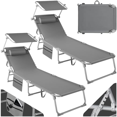 TecTake® Set de 2X Tumbonas Jardín Exterior, Tumbonas Plegables con Reposacabezas, Parasol y Bolsillo Lateral, Tumbonas Playa Reclinables 4 Posiciones, Tumbona Piscina Resistente a Intemperie - Gris