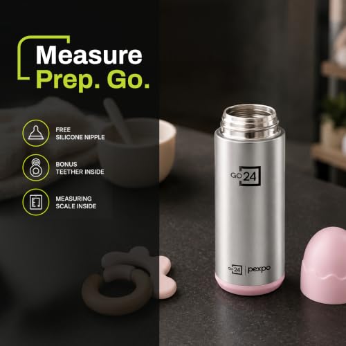 Image of Thermo Joy Baby Feeder Bottle - 300ml, Pink |Stainless Steel Double Wall Insulated Milk Bottle | Leakproof Flask with Teether | BPA-Free Nipple