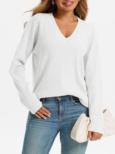 Saodimallsu Womens V Neck Sweater 2025 Fall Oversized Ribbed Knit Trendy Slit Casual Loose Fit Long Sleeve Pullover Top2