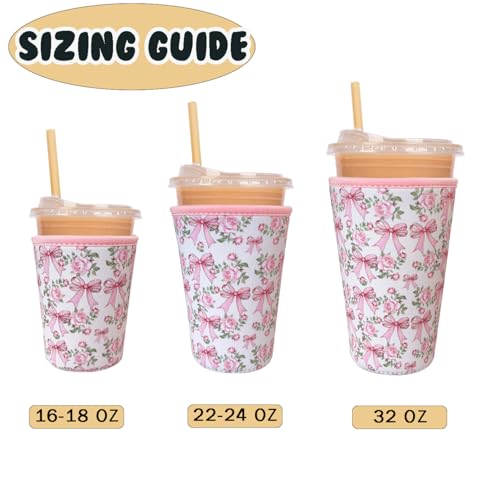 Image of Reusable Insulated Neoprene Iced Coffee Cup Sleeve, Durable Drink Sleeve for Cold Beverages, Beverage Holder for Iced Coffee, Ribbon Rose