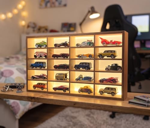 Image of BestofCRAFT Wooden Display for Cars LED 20-Compartment Die Cast Case - Polished Smooth Finish Display for 1:64 | Rack for Hot Wheels, Matchbox & Miniature Cars