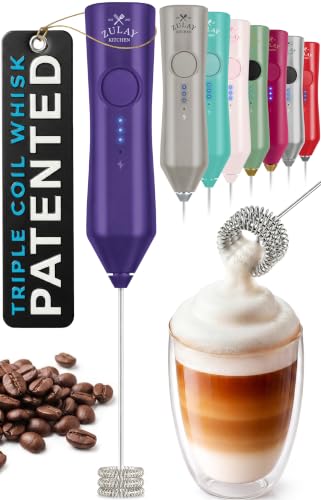 Image of Zulay Kitchen Rechargeable Milk Frother Handheld - Frother Wand, Drink Mixer, Electric Whisk Frother, for Cappuccinos, Matcha & Protein Powder - Dynamic Triple Whisk, 3 Speed 500mAh Purple