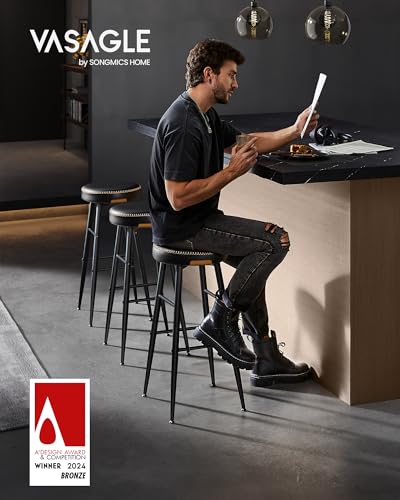 Image of VASAGLE EKHO Collection - Bar Stools Set of 2, Kitchen Counter Stools, Breakfast Stools, Synthetic Leather with Stitching, Mid-Century Modern, 30-Inch Tall, Home Bar, Ink Black ULBC090B01V1 | Breakfast Stools, PU Leather with Stitching, Transitional, Home Bar, Ink Black, EKHO Collection ULBC090B01