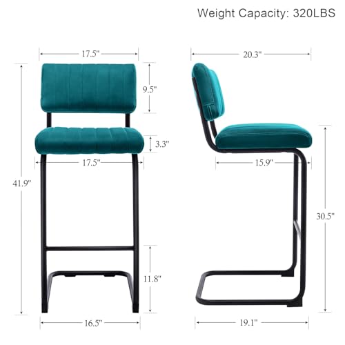 Image of ONEVOG 30 Inch Seat Height Teal Bar Stools Set of 4, Mid-Century Modern Cantilever Bar Chairs for Counter Kitchen Islands, Upholstered Velvet Fabric Barstools with Back and Matte Metal Legs, Teal