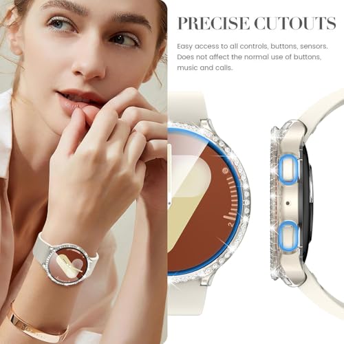 DEALELE [1+3-pak etui kompatybilne z Samsung Galaxy Watch 7 40 mm 44 mm, błyszczące diamentowe etui ochronne z ultracienkim szkłem hartowanego 9H, osłona ekranu dla kobiet mężczyzn, 40 mm,