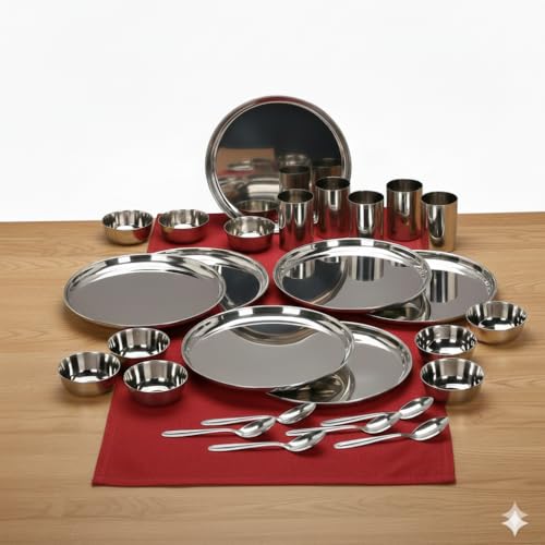 Image of Stainless Steel Solid Heavy Mirror Finish Dinner Set of 24 Pcs (6 Plate, 6 Bowl /Wati, 6 Glass, 6 Spoon), Silver Dinning Set Quality