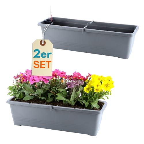 GarPet 2er Set Blumenkasten mit Wasserspeicher Blumenkasten Fensterbank Pflanzkasten Outdoor Wasserstandsanzeiger Gießschacht Bewässerungsband 50 cm Anthrazit