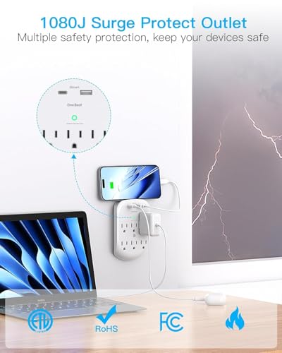 2 Pack 6-Outlet Wall Surge Protector, Multi Plug Outlet Extender, Outlet Wall Mount Adapter with 2 USB Charging Ports 2.4 A, 490 Joules for Home, School, Office image 5