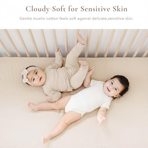 Image of Konssy Muslin Crib Sheets for Girl Boy, 2 PCS Soft and Breathable Cotton Baby Sheets for Standard Crib Mattress, 52 inchx 28 inch (Green, Cream)