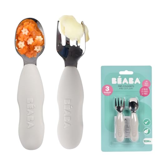 BEABA, Lot de 2 pré-couverts Inox et Silicone, Couverts Bébé, Couverts Enfant, Dès 10 Mois, Forme Ergonomique, Manche Ergonomique, Couverts Bébé Apprentissage, Velvet grey