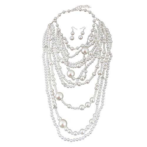 Thkmeet Gatsby 1920s Multilayer Faux Pearl Necklace Long Sweater Chain Necklace Earrings for Women Vintage Bridal Jewelry Set