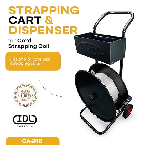 Image of IDL Packaging Strapping Cart & Dispenser for Cord Strapping (16 inch x 3 inch Core) | CA-248 for Woven Cord Coils - Durable Steel Tube Frame and Rubber Wheels - Built-In Tray for Cutter, Buckles, & Gloves