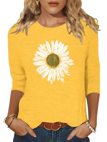 Chulianyouhuo Womens 3/4 Sleeve T Shirt Sunflower Graphic Tees Dandelion Flower Print Summer Casual Tops Blouse