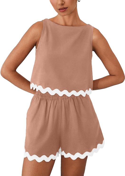 GRECERELLE Women 2025 Summer 2 Piece Outfits Set Lace Trim Crewneck Tank Crop Top and Shorts Lounge Pajama Sets