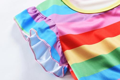 Image of Tkria Toddler Girls Rainbow Dress Striped Fall Dress Cartoon Colourful Long Sleeve Casual Dressy 2-7T