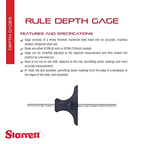 Starrett Rule Depth Gage With Nicely Finished, Hardened Steel Head And An Accurate, Machine Divided, Tempered Steel Rule - 0-6" Range, 32Nds, 64Ths Graduations - 237 #TOP1