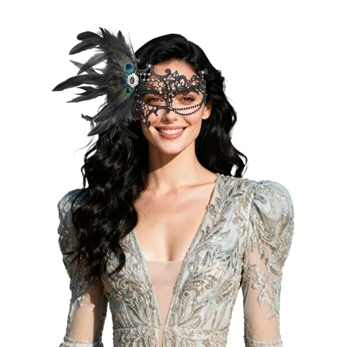 OIDEA Masquerade Mask for Women: Elegant One Eyed Half Face Rhinestone Lace Feather Party Mask with Chain Halloween Costume Ball Masks for Mardi Gras Venetian Black by OIDEA - Used condition - US$11.28
