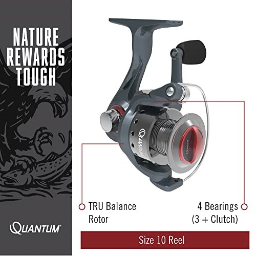 Quantum Optix Spinning Fishing Reel, Size 10 Reel, Changeable Right- Or Left-Hand Retrieve, Aluminum Spool, Stainless Steel Bail Wire, 5.2:1 Gear Ratio, Silver, Clam Packaging #TOP2
