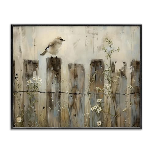 Stupell Industries Fence Perched Country Bird Black Framed Giclee Wall