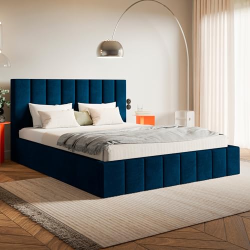 MOTIVENA Ibiza Bett 160x200 Blau Samt, mit Stauraum, mit Kopfteil, mit Lattenrost, ohne Füße, ohne Matratze, Polsterbett 160x200 mit Bettkasten Blau (Dunkelblau) MOTIVENA Ibiza Bett 160x200 Blau Samt, mit Stauraum, mit Kopfteil, mit Lattenrost, ohne Füße, ohne Matratze, Polsterbett 160x200 mit Bettkasten Blau (Dunkelblau)
