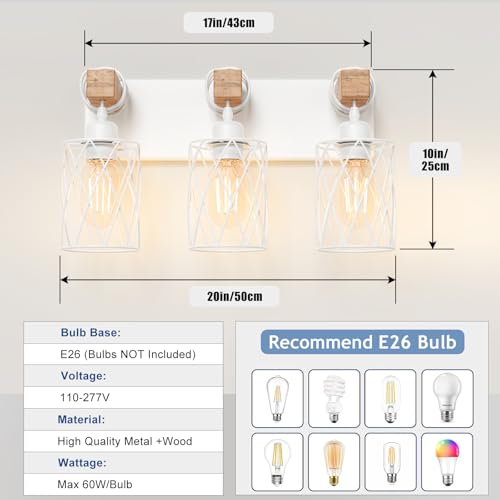 Image of IZORRO Farmhouse Bathroom Vanity Light, 3-Light Wood Bathroom Light Fixtures Over Mirror, Matte White Industrial Vanity Lights with Metal Shade, Rustic Restroom Lighting Fixtures