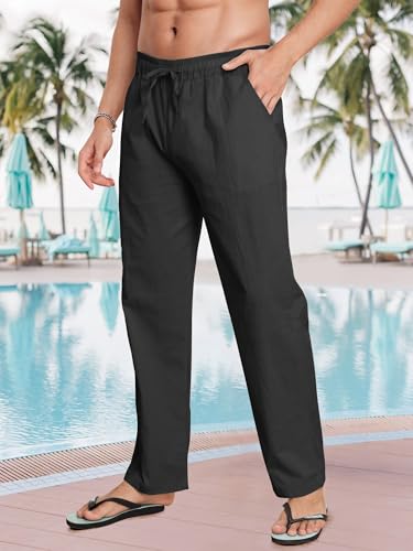 Litthing Pantaloni Lino Uomo Pantalone Cotone Estivi Casual Tasche Pants Larghi Coulisse Pant Comodi e Leggeri Spiaggia