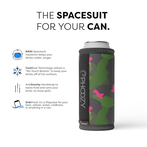 Image of PHOOZY Insulated Can Cooler for Slim 12 oz Cans - Patented Drink Sleeve with NASA-Inspired Technology - Keeps Beer, Soda & Sparkling Water Cold Longer - Lightweight Outdoor Can Holder - Pink Camo