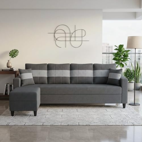 Image of Cavona 5 Seater L Shape Sofa Set with Movable Ottoman | Flexible Layout | Luxury Velvet Suede Fabric | Modern Living Room Sofa | Dark Grey
