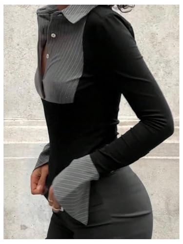 Women's Striped Button Front Collared Blouse Shirts Long Sleeve Slim Fit Asymmetrical Hem Work Tops4