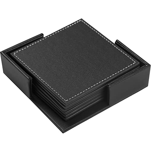 Famibay PU Leather Coasters with Holder Set of 6 Drink Coasters Black Square Cup Mats Coaster Sets Heat Resistant Table Protector Mats