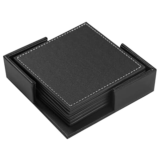 Posavasos Famibay Cuadrados Elegantes PU Leather Posavasos con Soporte Juego de 6 Negros Posavasos Coasters para Oficina Hogar 10*10cm
