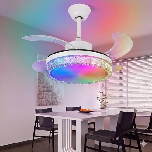 HOREVO 36" Smart Retractable Ceiling Fan with Bluetooth Speaker for Kids Room, RGB Color Changing Crystal Fandelier with App/Voice Control, Works with Alexa & Google Home, Dimmable LED & Quiet Motor by HOREVO - Used condition - US$69.35