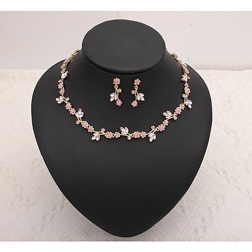 QLLYHLH Brides Bridesmaid Flower Leaf Choker Necklace Dangle Earrings Link Bracelet Austrian Crystal Wedding Jewelry Set for Prom Costume Party Accessories for Woman(Pink-Gold Plated)3
